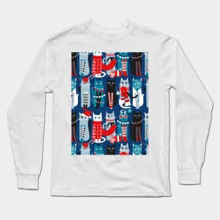 Feline Christmas vibes // pattern // blue background blue white and black kittens Long Sleeve T-Shirt